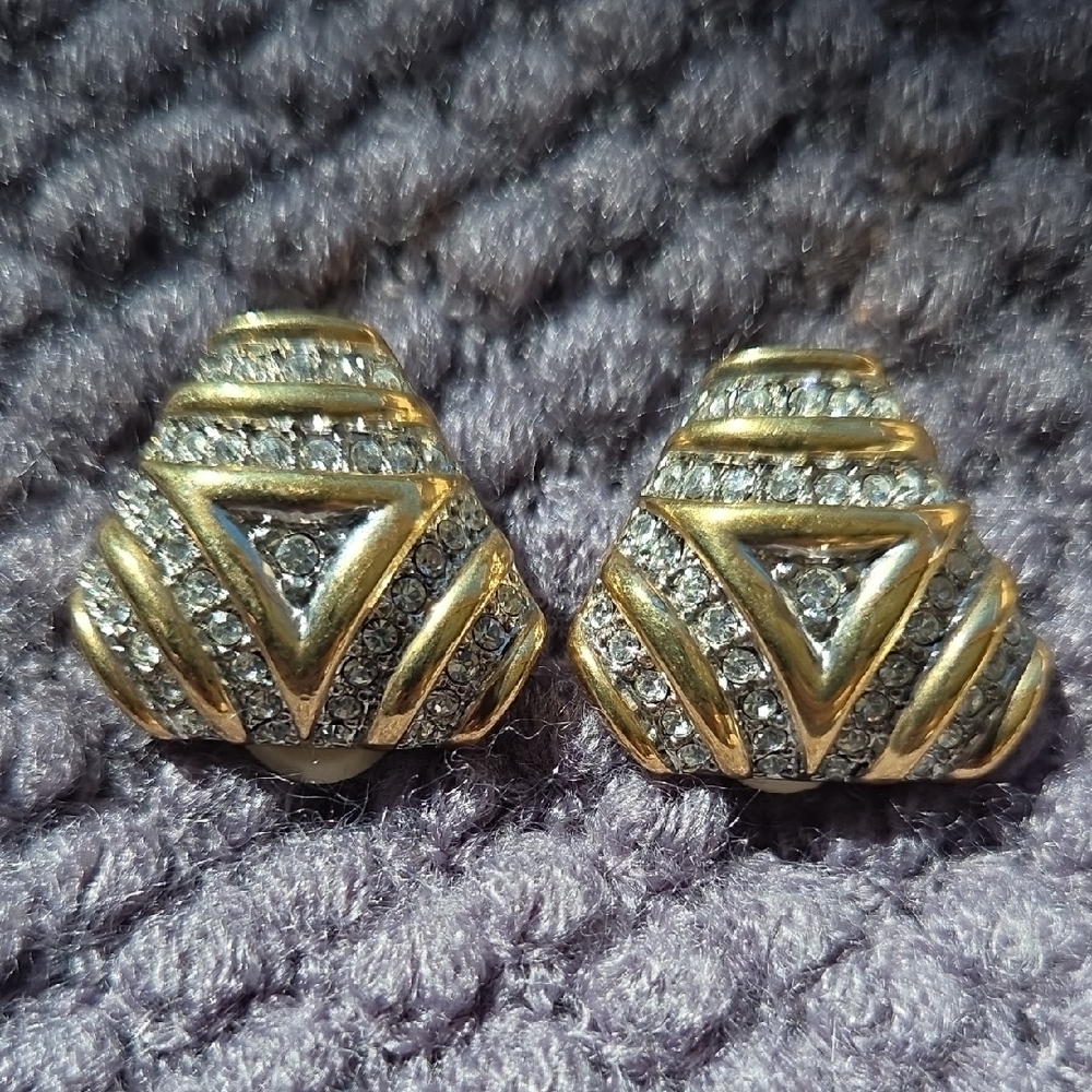 Elegant Triangular Gold Tone and Sparkly Clip Earrings